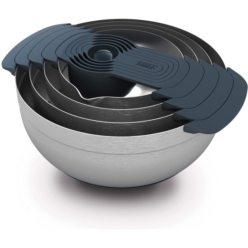 foto del prodotto joseph joseph nest 9 plus, set compatto per la preparazione degli alimenti da 9 pezzi con ciotole per mescolare, misurini, setaccio e colino,