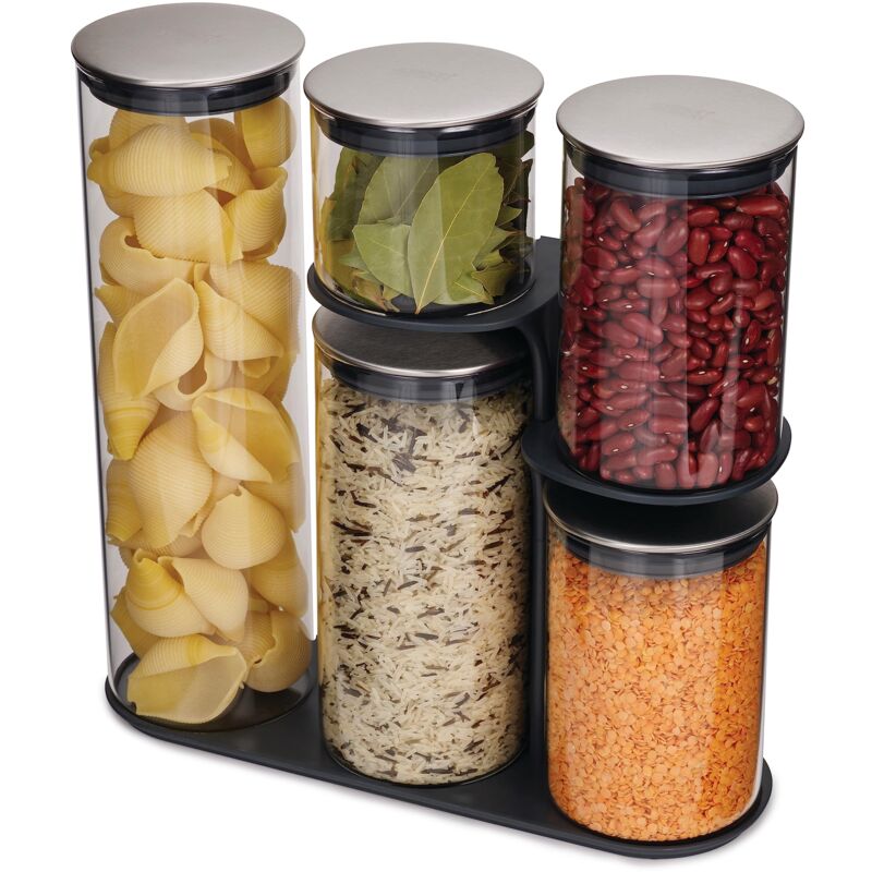 foto del prodotto joseph joseph podium 100 set di 5 barattoli in vetro con base di supporto, silicone borosilicato, nero