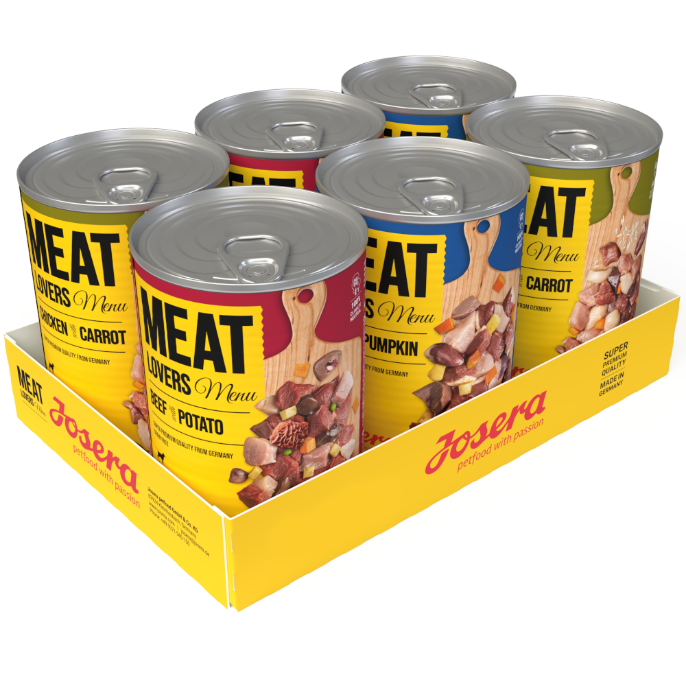 foto del prodotto josera meatlovers men 6 x 400 g alimento umido per cani mix anatra e zucca, manzo e patate, pollo e carote