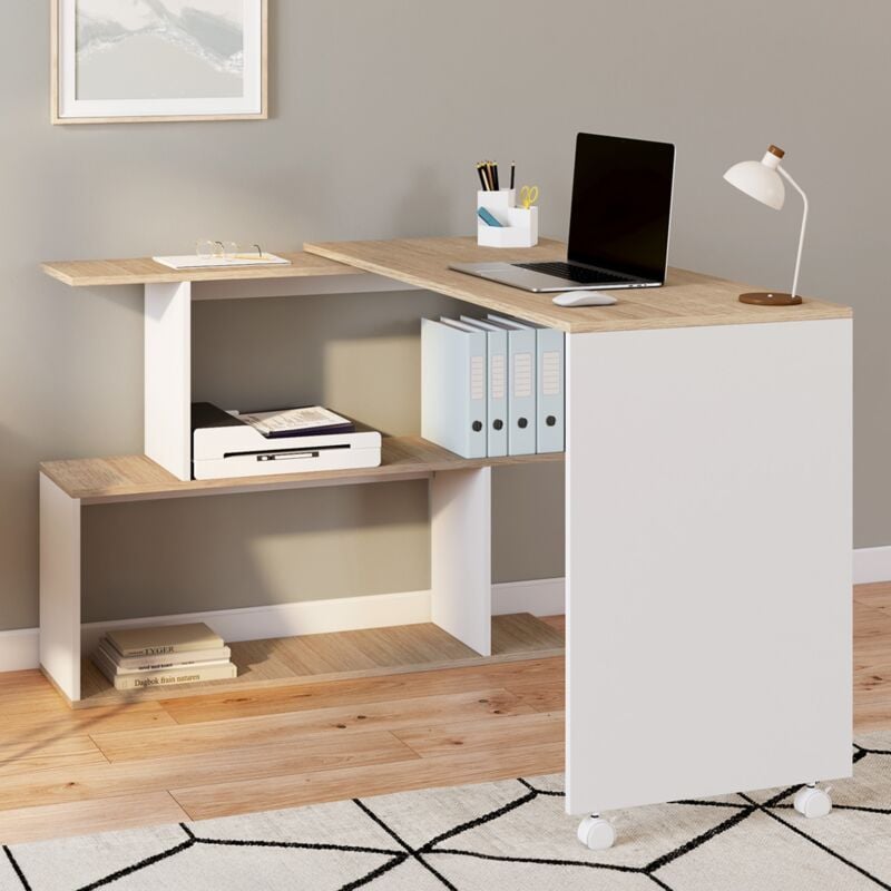 foto del prodotto joy scrivania angolare girevole a 180 scaffale a s in legno effetto faggio e bianco