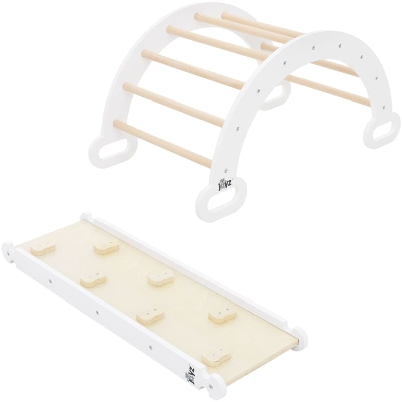 foto del prodotto joyz 2 in 1 arco da arrampicata per bambini con scivolo bianco in legno altalena con rampa stile pikler per interni struttura da arrampicata per
