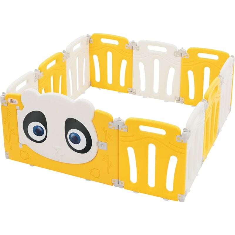 foto del prodotto joyz box bambini 120x120 cm pieghevole design panda bianco giallo cancelletto con porta e orologio didattico recinto in plastica per