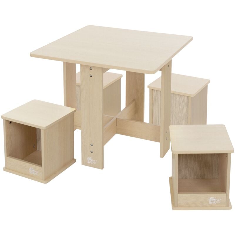 foto del prodotto joyz gruppo di sedute per bambini con 1 tavolo e 4 sgabelli set di tavolo da 5 pezzi in legno set di mobili sedie con vano portaoggetti tavolo per