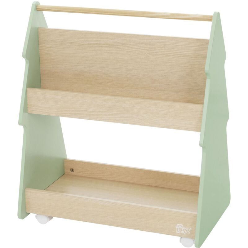 foto del prodotto joyz libreria per bambini design abete 60x38x70,5 cm beige verde scaffale per bambini in legno con 3 ripiani e 4 rotelle scaffale per camera dei