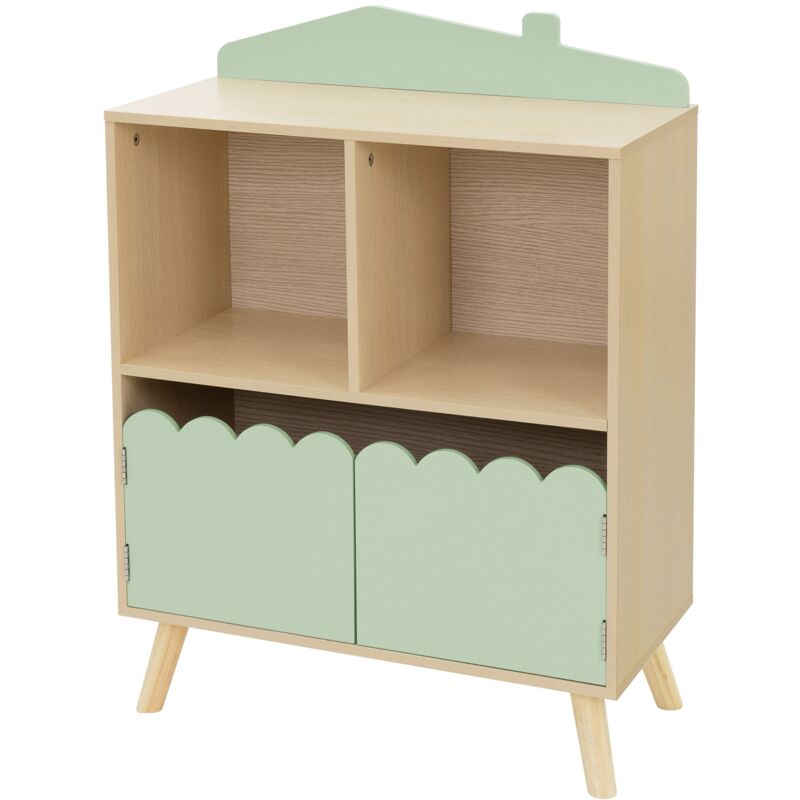 foto del prodotto joyz scaffale per bambini con 3 scomparti libreria in legno 60x30x82 cm verde naturale mobiletto portaoggetti a forma di casa armadietto verticale