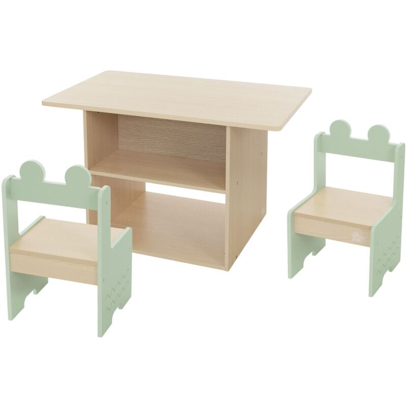 foto del prodotto joyz set di sedute per bambini con tavolo e 2 sedie beige verde set di tavolo per bambini da 3 pezzi in legno set di mobili per bambini con spazio