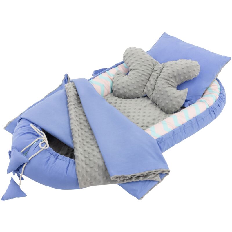 foto del prodotto joyz set nido per neonati 5 pezzi blu balena 90x50 cm in cotone con coperta cuscino e rivestimento rimovibile nido multifunzionale per bambini nido