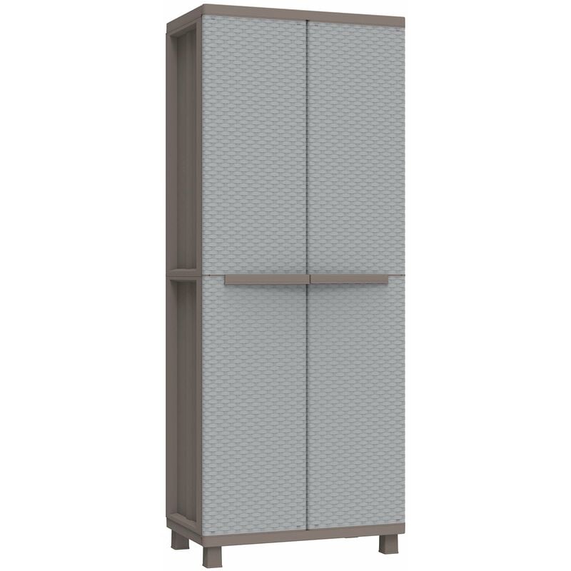 foto del prodotto jrattan 368 , armadio portascope da esterno interno a 2 ante effetto rattan, scaffalino interno a 4 ripiani. materiale plastica, dimensioni 
