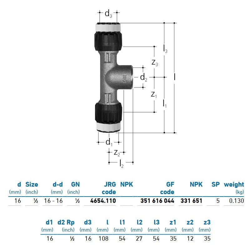 foto del prodotto jrg sanipex mt tee bronzo, con filetto femmina d.16x1 2 351616044