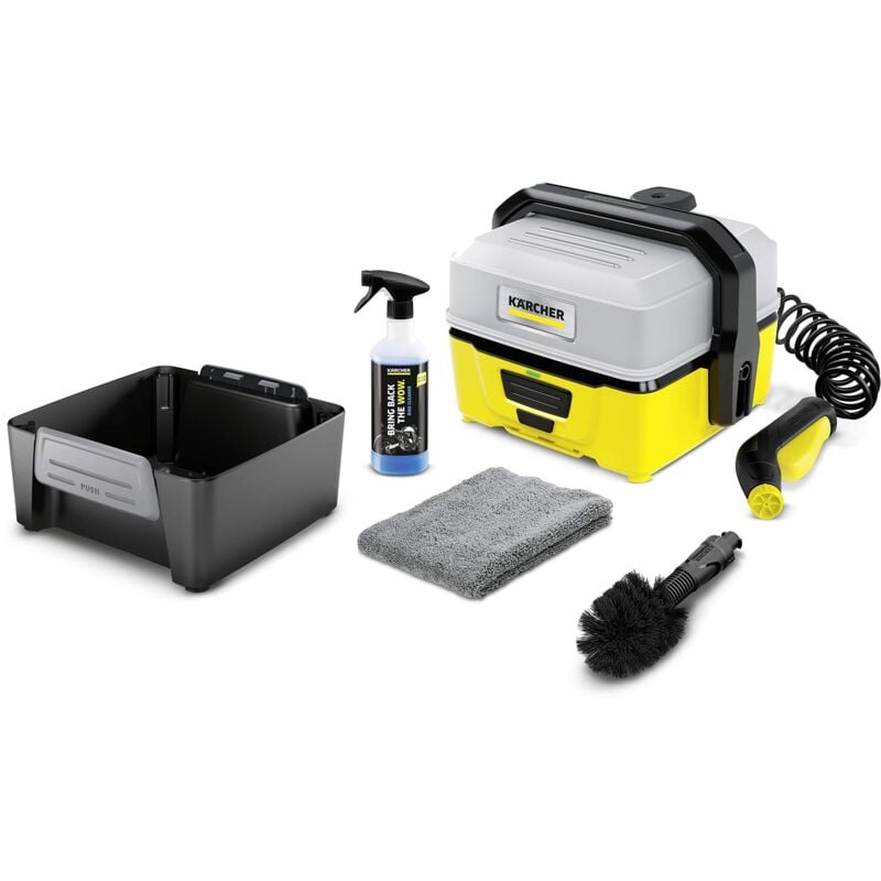 foto del prodotto k rcher oc 3 bike idropulitrice a batteria portatile, leggera e compatta, versione bike con panno in microfibra e tubo spiralato, giallo nero