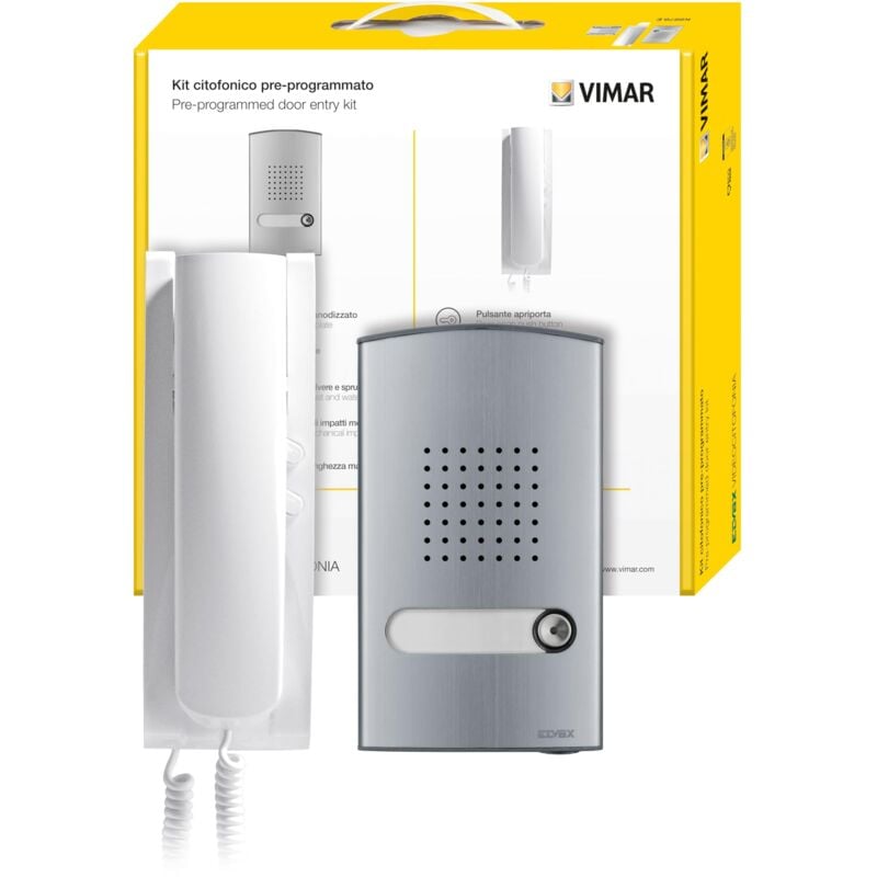 foto del prodotto k8879.e kit citofono 2 fili plus contiene unit audio, placca audio monofamiliare, citofono cornetta con 2 pulsanti, alimentatore vimar