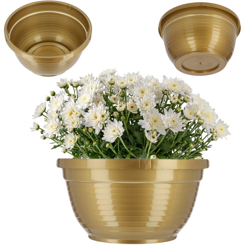 foto del prodotto kadax ciotola funebre rotonda in plastica, resistente alle intemperie, da esterno, leggera per fiori, diametro 18 cm, oro