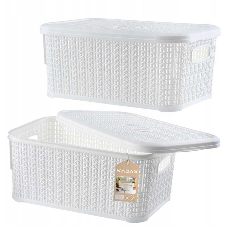 foto del prodotto kadax confezione da 2 cestini portaoggetti in plastica rettangolari da 6 litri con coperchio per bagno, cucina, camera dei bambini, bianco