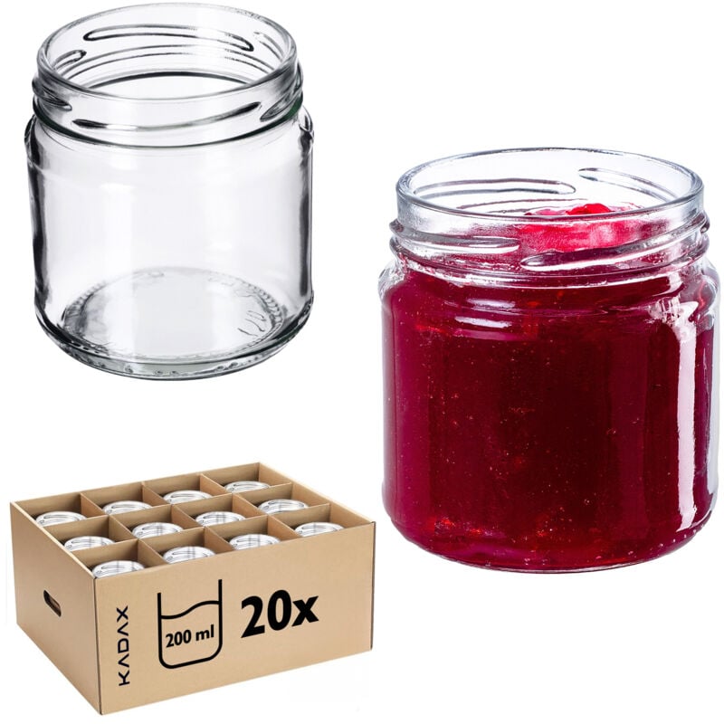 foto del prodotto kadax confezione da 20 vasetti per marmellata piccoli, 200 ml, diametro 66 mm, rotondi, per miele e spezie, ermetici, senza coperchio