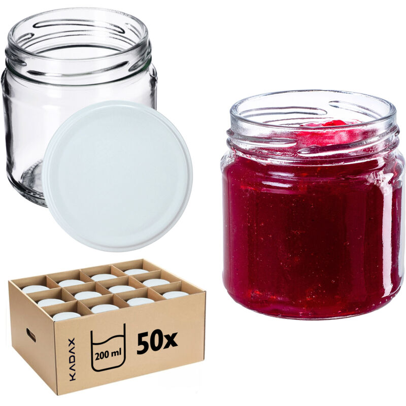 foto del prodotto kadax confezione da 50 vasetti per marmellata piccoli, rotondi, 200 ml, diametro 66 mm, per miele e spezie, ermetico, bianco