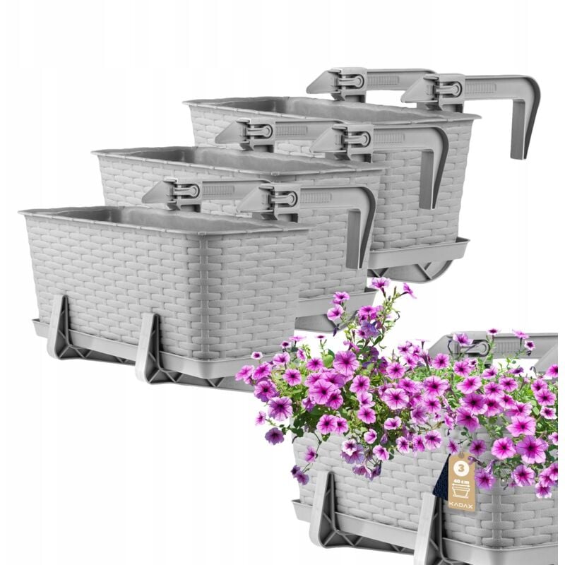 immagine 0 del prodotto kadax fioriera sospesa da esterno 40 cm, balcone in plastica effetto rattan con staffe di montaggio integrate e sottovaso grigio, set di 3 