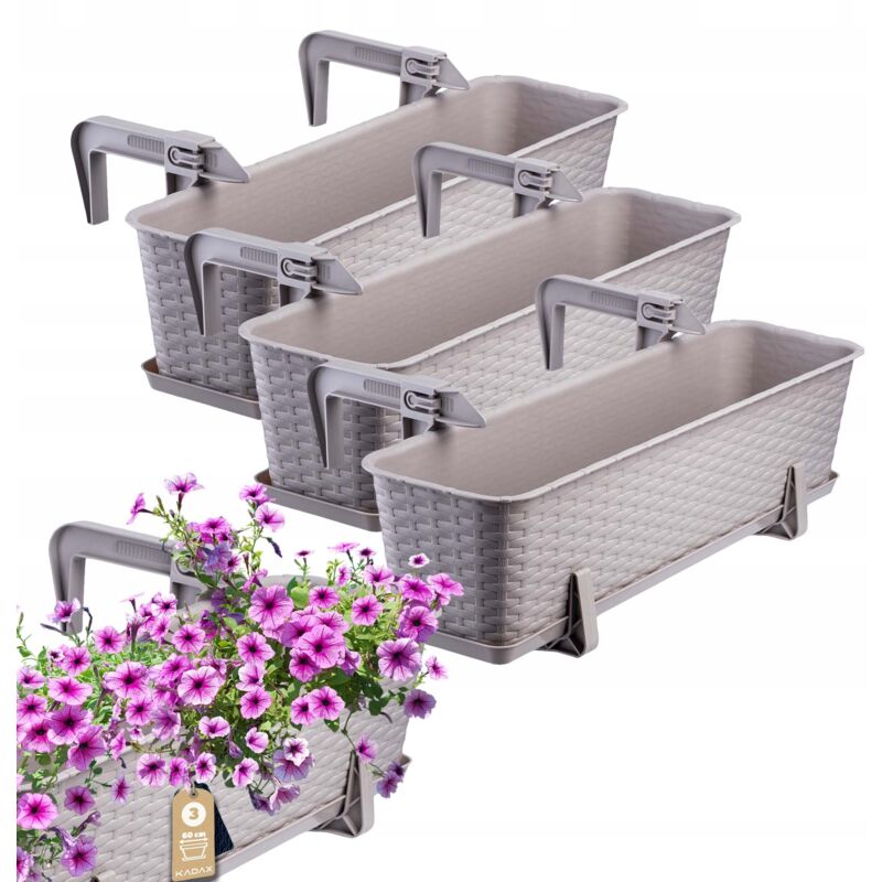 foto del prodotto kadax fioriera sospesa da esterno 60 cm, balcone in plastica effetto rattan con staffe di montaggio integrate e sottovaso caramello, set da 3 