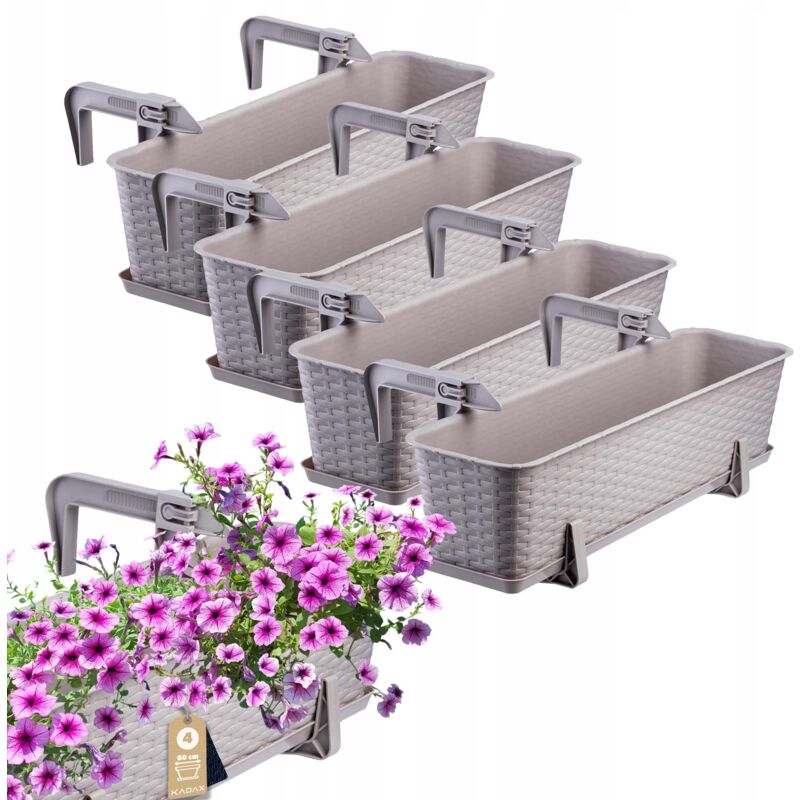 foto del prodotto kadax fioriera sospesa da esterno 60 cm, balcone in plastica effetto rattan con staffe di montaggio integrate e sottovaso caramello, set di 4 