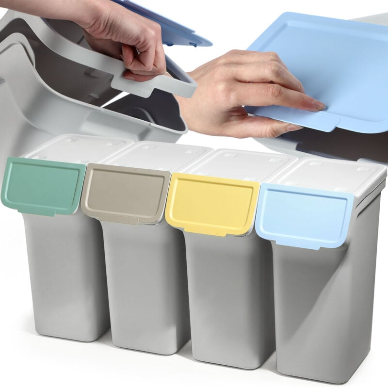 foto del prodotto kadax pattumiera con coperchio, pattumiera in plastica, per la raccolta differenziata, rettangolare, con coperchio incernierato grigio, 4 x 25 l 