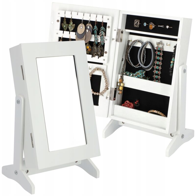 foto del prodotto kadax portagioie con specchio, 21 x 15 x 38,5 cm, scatola in mdf, portagioie con piedini, portagioie per catene, anelli bianco 