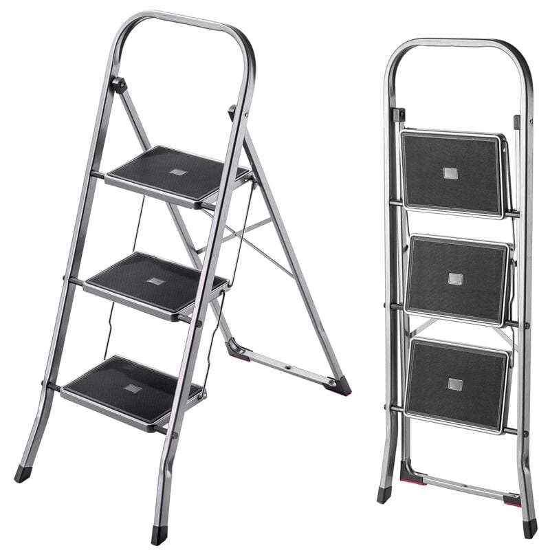 foto del prodotto kadax scala pieghevole in acciaio con portata fino a 150 kg, scala con sicurezza pieghevole, gradino di corsa con gradini antiscivolo 3 gradini 
