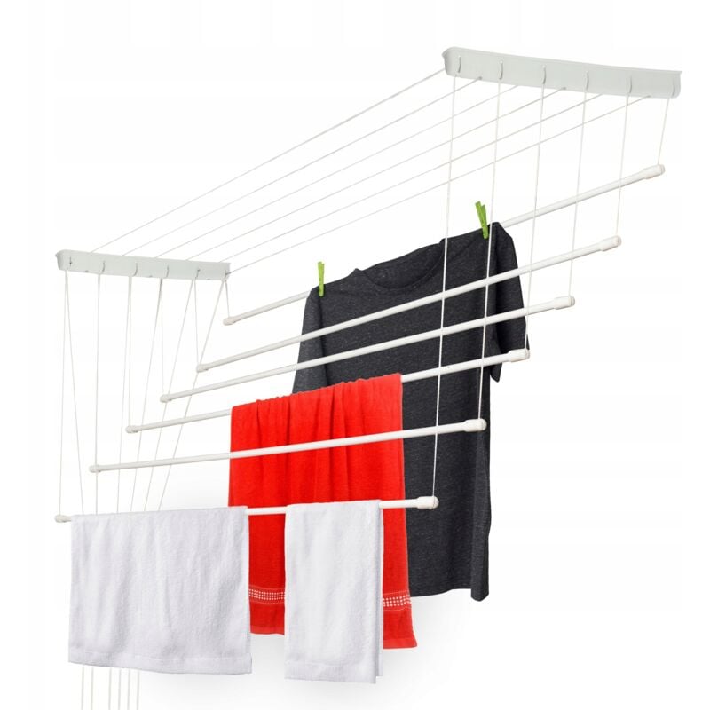 foto del prodotto kadax - stendino da soffitto con aste in acciaio, pratico sistema di asciugatura sospeso per massimizzare lo spazio interno bianco, 6 x 160 cm