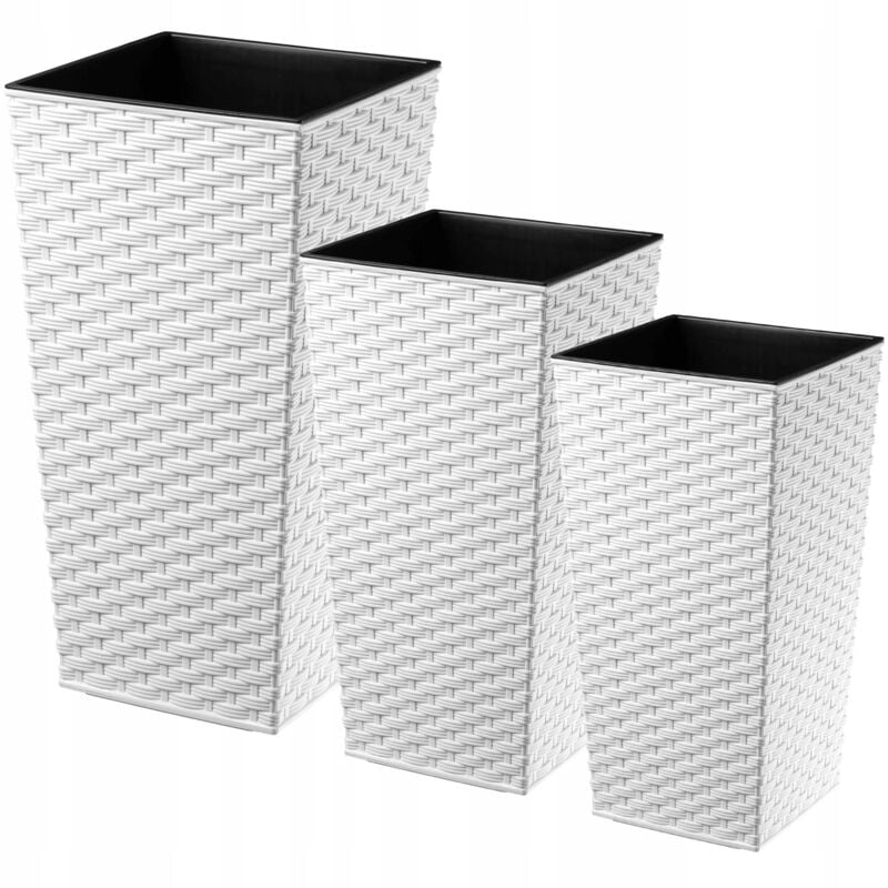 foto del prodotto kadax vaso da fiori alto, grande fioriera per interni ed esterni, fioriera in simil rattan bianco, set da 3 36 cm, 46,5 cm, 57 cm 