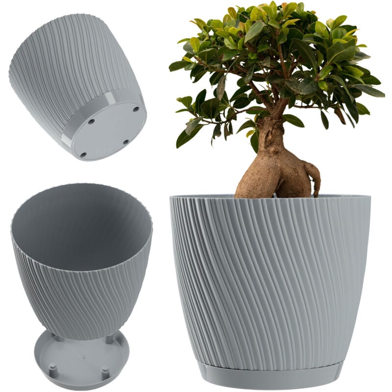 foto del prodotto kadax vaso da fiori con sottovaso, forma ondulata tridimensionale, plastica, vaso decorativo per fiori, cactus ed erbe 19 cm, grigio 