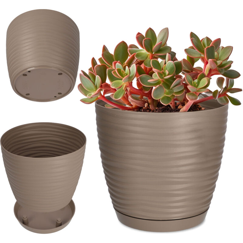 foto del prodotto kadax vaso da fiori in plastica con sottovaso, vaso moderno con elegante motivo ondulato per decorazioni floreali rotondo, beige, 17 cm 