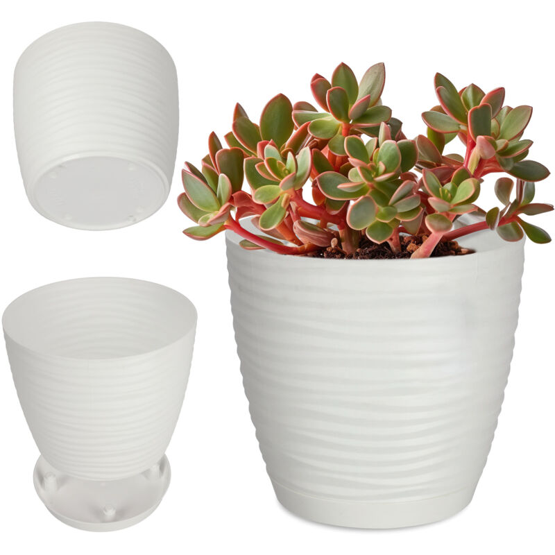 foto del prodotto kadax vaso da fiori in plastica con sottovaso, vaso moderno con elegante motivo ondulato per decorazioni floreali rotondo, bianco, 13 cm 