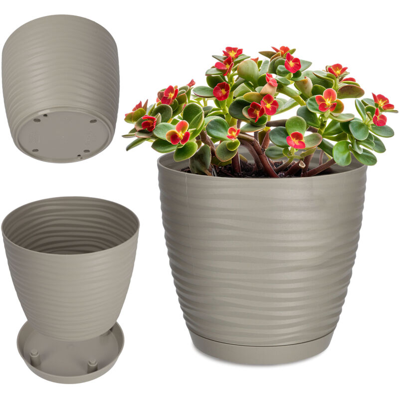 foto del prodotto kadax vaso da fiori in plastica con sottovaso, vaso moderno con elegante motivo ondulato per decorazioni floreali rotondo, grigio, 15 cm 