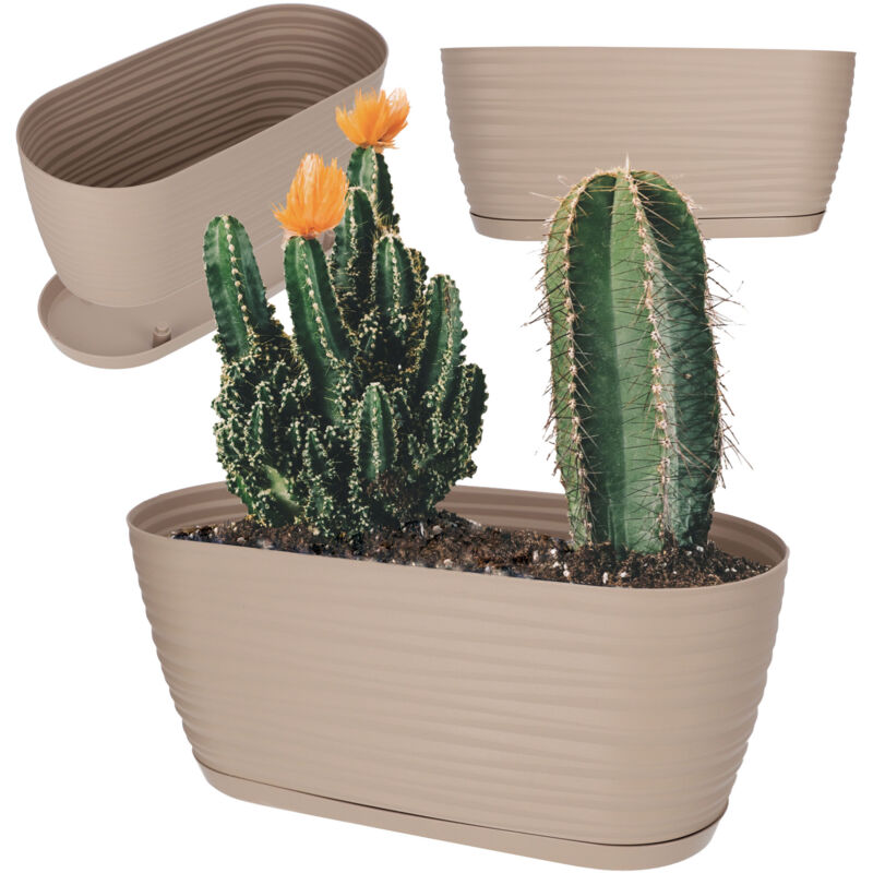 foto del prodotto kadax - vaso da fiori in plastica con sottovaso, vaso per piante moderno decorato con un elegante motivo ondulato per la decorazione floreale (ovale, beige, 27 cm)