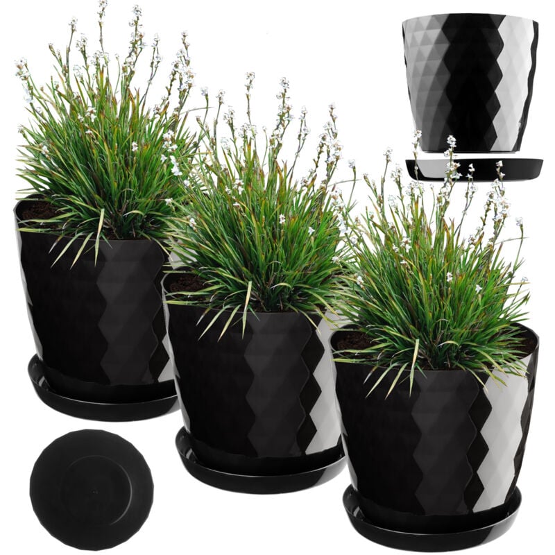 foto del prodotto kadax vaso da fiori in plastica con sottovaso, vaso per piante per decorazioni floreali moderne in interni set da 3 nero, 25 cm 