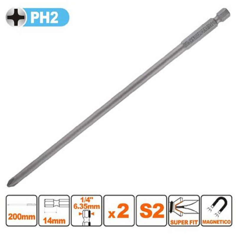 foto del prodotto kaela kit 2pezzi di bits da 200mm gambo 1 4 6.35mm s2 magnetica croce testa ph2 57249 