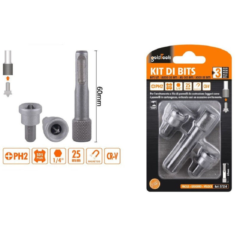 foto del prodotto kaela kit di bits inserti per avvitatore 2pz da 25mm ph2 1pz da 60mm magnetico 57254 