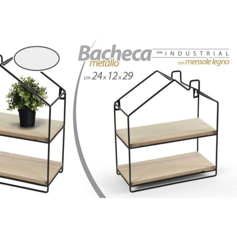 foto del prodotto kaela mensola bacheca parete casetta metallo 24x12x29cm nero 2 ripiani in legno 818707 