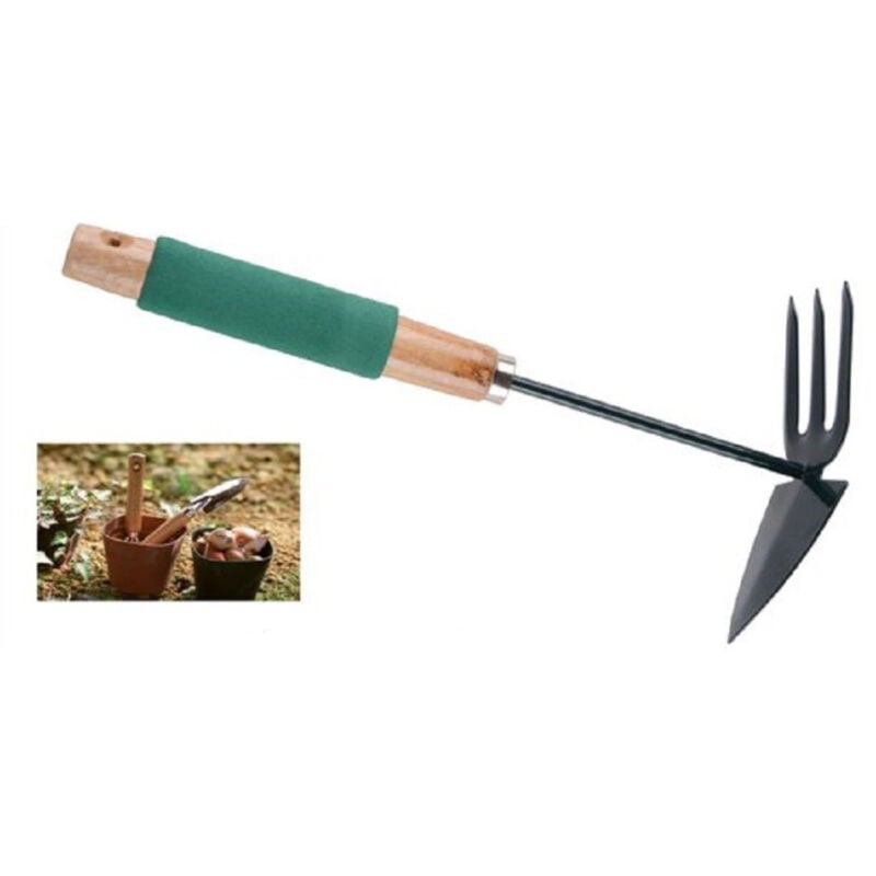 foto del prodotto kaela mini rastrello punta con tridente 30cm in metallo impugnatura legno spugna 90054 