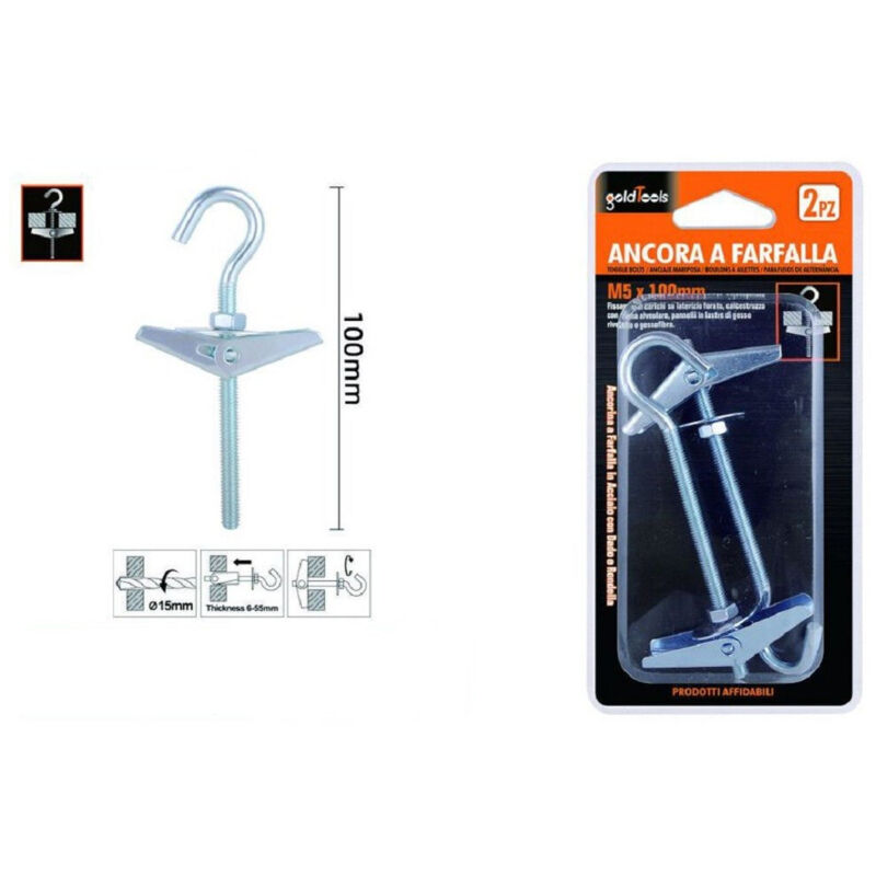 foto del prodotto kaela set 2 pz ancora a farfalla con gancio acciaio con dado rondella m5x100 mm 57229 