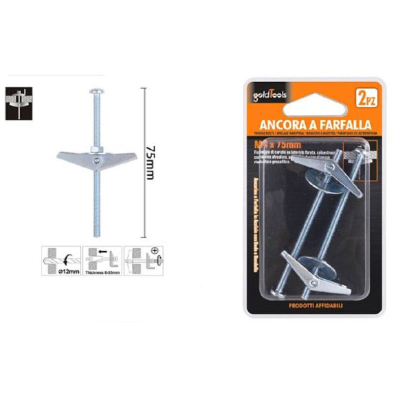 foto del prodotto kaela set 2 pz ancora a farfalla in acciaio con dado e rondella tassello m4x75mm 57225 
