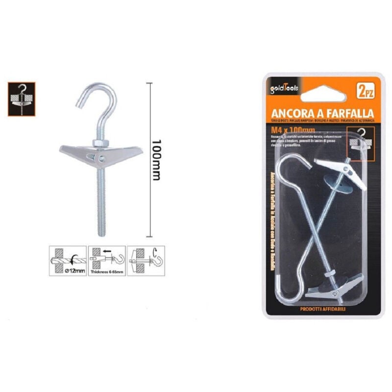 foto del prodotto kaela - set 2pz ancora a farfalla con gancio in acciaio con dado rondella m4x100mm 57228 -