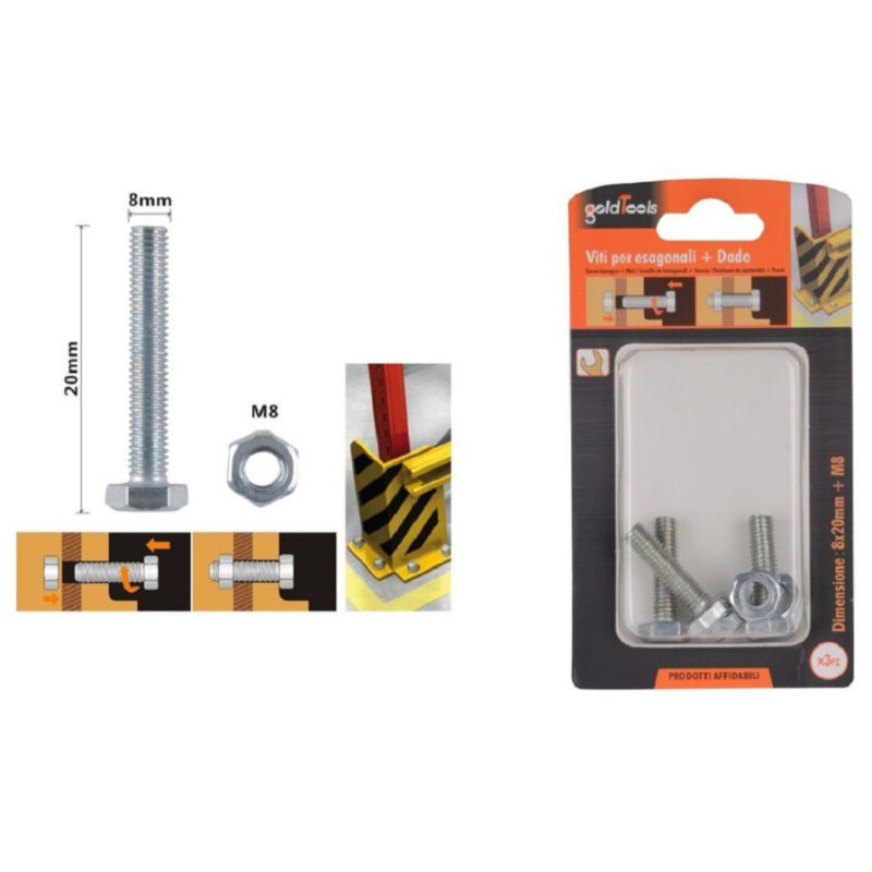 foto del prodotto kaela set 3 pz vite viti per esterno a testa esagonali 8 x 20mm con dadi dado m8 90919 