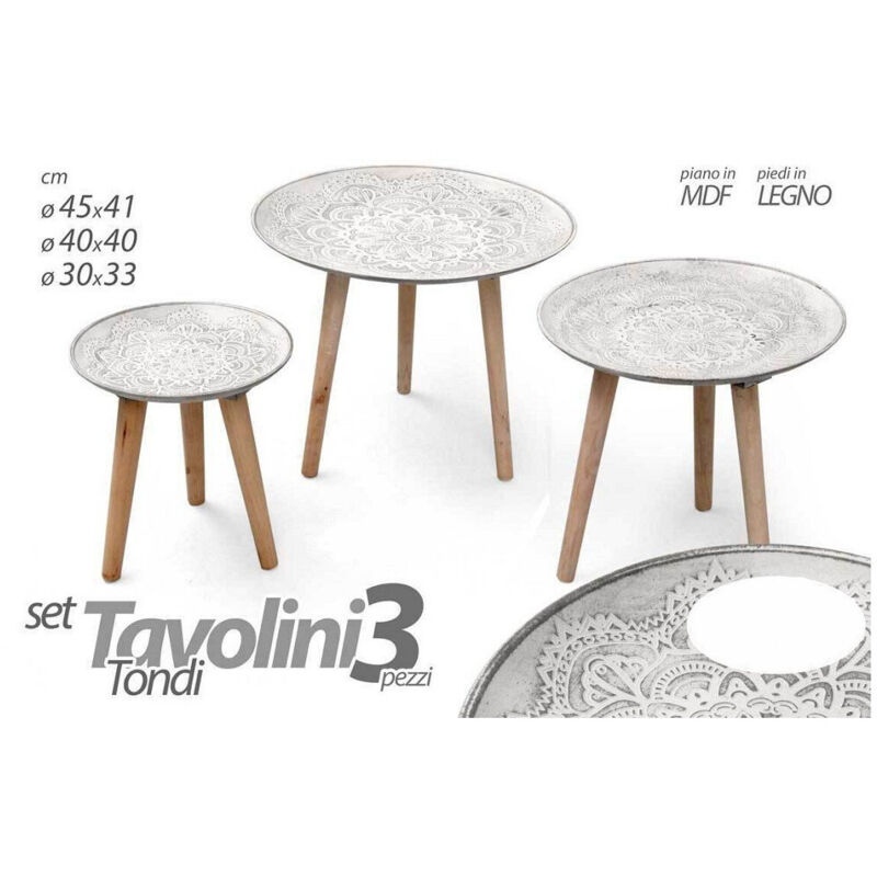 foto del prodotto kaela set 3 tavolini piedi in legno salotto giardino decorati 45 40 30cm tondi 783951 