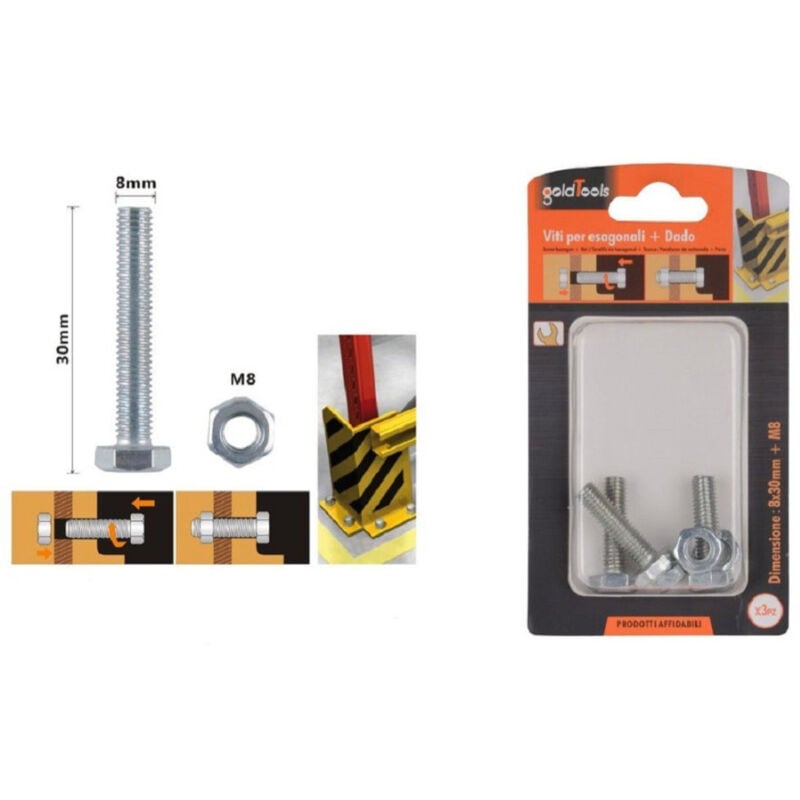 foto del prodotto kaela set 3pz vite viti per esterno a testa esagonali 8 x 30 mm con dadi dado m8 90920 