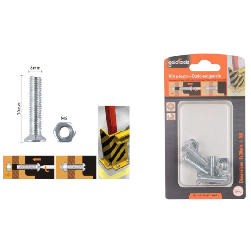 foto del prodotto kaela set 4 pezzi viti vite testa a croce piatta 8 x 30 mm con dado esagonale m8 90948 