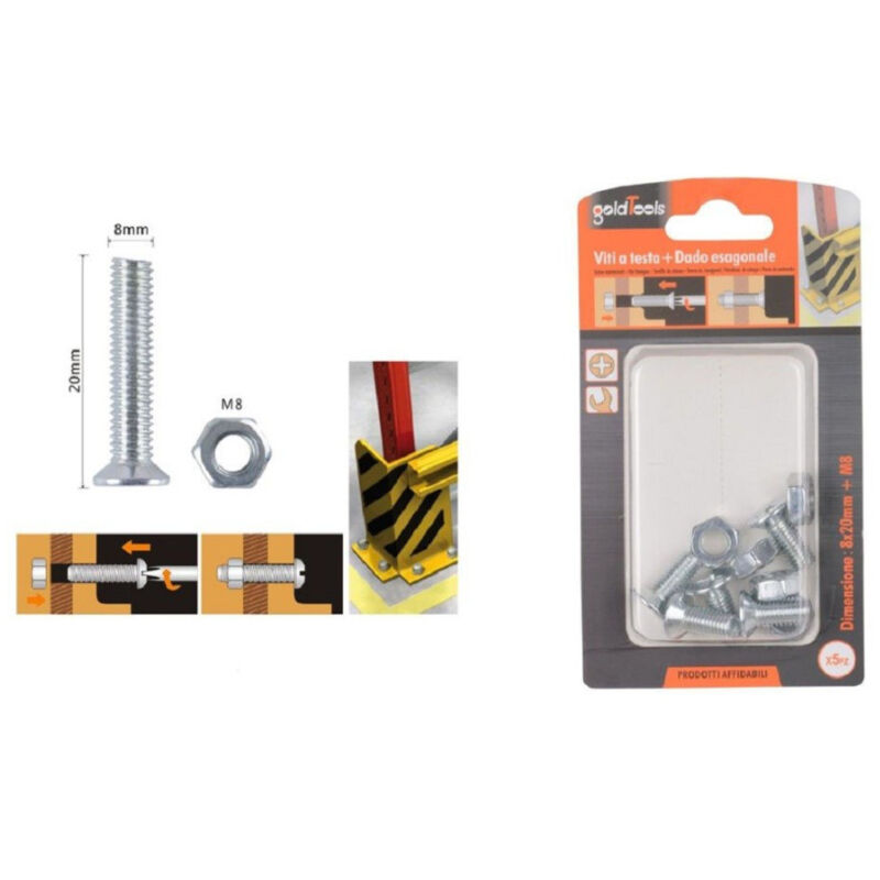 foto del prodotto kaela set 5 pezzi viti vite a testa a croce piatta 8x20 mm con dado esagonale m8 90947 