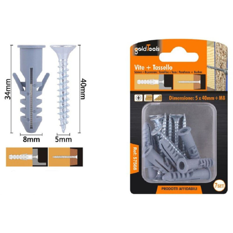 foto del prodotto kaela set 7 pz viti vite croce 5x40 mm tasselli con alette tassello m8 fischer 57568 