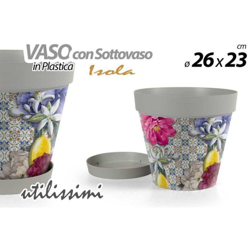 foto del prodotto kaela vaso giardino con sottovaso in plastica decoro isola 26x23cm piante fiori 845376 