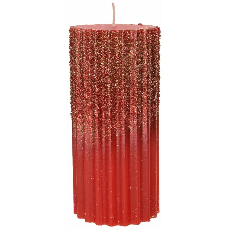 foto del prodotto kaemingk candela decorativa in cera rigata con glitter color rosso chiaro grande