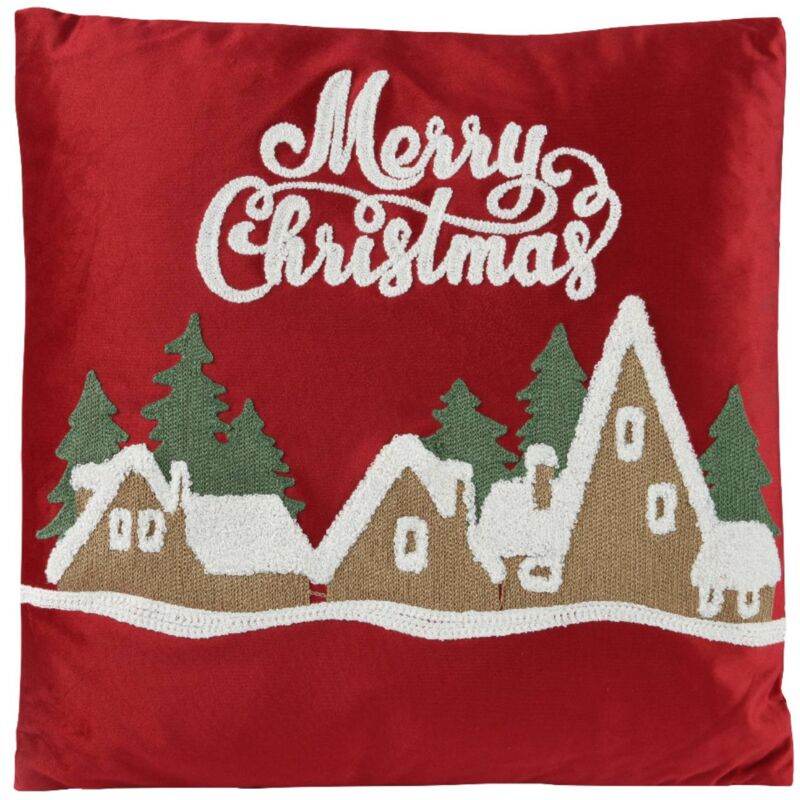 foto del prodotto kaemingk cuscino natalizio con scritta merry christmas e paesaggio per decorazioni 45 x 45 cm