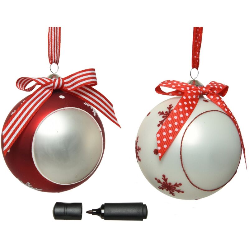 foto del prodotto kaemingk pallina per albero di natale in vetro color rosso e bianco con fiocco personalizzabile da 10 cm rosso